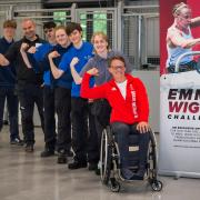 Finalists in the Emma Wiggs Challenge: Owen Green, Marian Bumbar, Thomas Potts, Sophie Walters, Luke Scofield and Maïann Seymour with Paralympic Champion, Emma Wiggs MBE