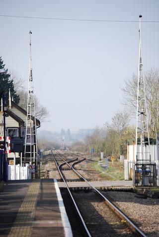Ascott-under-Wychwood level crossing on March 21, 2009, showing the start of the existing double track section of the Cotswold Line to Moreton-in-Marsh, in Gloucestershire.
