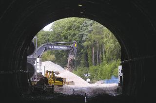 Network Rail is reinstating double track on much of the Cotswold Line rail route between Oxford and Worcester. This is the Mickleton portal of Chipping Campden tunnel on July 28, 2009 with stone chippings stockpiled ahead of tracklaying.