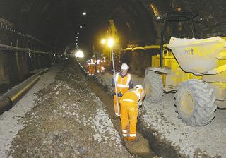 Network Rail is reinstating double track on much of the Cotswold Line rail route between Oxford and Worcester, which was singled in the early 1970s. Engineers place new drains inside  Chipping Campden tunnel on July 28, 2009