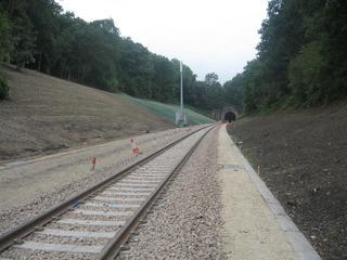 The southern approach to Chipping Campden tunnel after track repositioning and work to stabilise the cutting sides in August 2009. The track through the tunnel is on a 1 in 100 gradient.