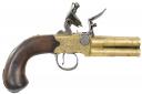 Lot 2: a scarce 80-bore brass flintlock quadruple barrelled Queen-Anne travelling pistol