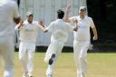 Shipton-u-Wychwood V Wokingham..Bowler, Adeel Rehman runs in to celebrate hsi wicket with slips Charlie Miller amd Steve Bates..Picture by: David Fleming.