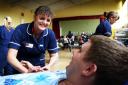 Jenny Pope takes blood from Geoffrey Giorgio from Cowley, at a donor session at Headington Community Centre