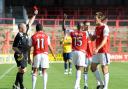 Wrexham’s Frank Sinclair is sent off by ref Richard West