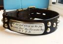 Joe's leather collar and inscription on display at Rewley Road fire station