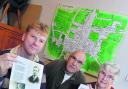 From left, Martin Harris, organiser of the exhibition, Mike Cross, treasurer of the club and co-organiser of the exhibition, and Pamela Richards,  co-organiser, in front of the map of where the soldiers lived