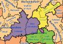 A map showing the current districts in Oxfordshire, with the areas that would be covered by the new authorities highlighted in purple, green, yellow and pink