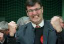 Labour's Duncan Enright celebrates holding his Witney East seat at the count at the Windrush Leisure Centre in Witney