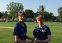James Coles (5-18) ( left) receiving the match ball from Oxfordshire Boys U15 Captain Freddie Smith (156*)after their match winning contributions at Magdalen College School v Isle of Wight U15s