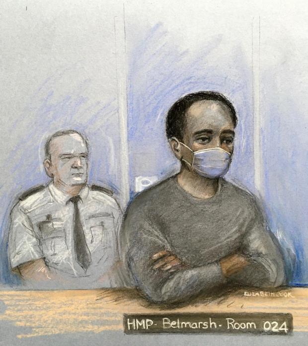Oxford Mail: A court drawing of Ali Harbi Ali during a preliminary hearing at the Old Bailey last month (Elizabeth Cook/PA)