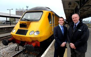 Network Rail Cotswold Line redoubling project manager Ross Mahoney, left, and redoubling scheme sponsor David Northey, right, at Worcester Shrub Hill station on April 15, 2010, ahead of a inspection train run to Oxford.