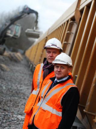 Network Rail's David Northey, left, and Phil Bates at Hinksey Sidings in Oxford on December 17, 2010. The sidings are being used as the main supply base for the Cotswold Line redoubling project.