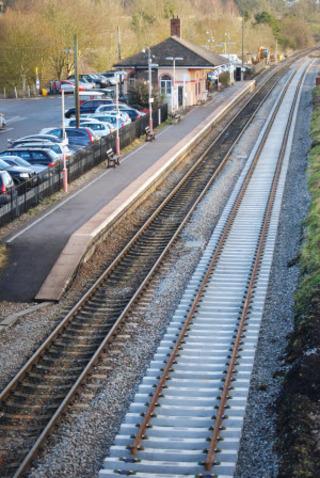 The first short section of new double track laid on the Cotswold Line in West Oxfordshire at Charlbury station on Friday, January 14, 2011