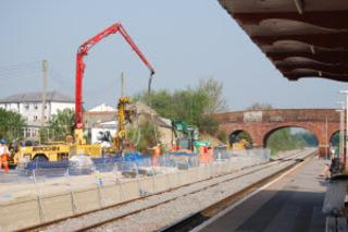 A concrete pump being used by contractors building foundations for the new footbridge at Charlbury station on April 20, 2011.