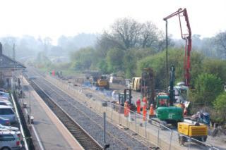 Work under way on foundations for the new footbridge which will link the platforms at Charlbury station on April 20, 2011.