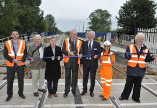 At Ascott-under-Wychwood, from left, James Ellis of Amey,
Oliver Lovell, promotions officer of the CLPG, councillor Neil Owen, David Northey, John Ellis, Network Rail project manager Sharon Michell and First Great Western stations manager Teresa Ceesay