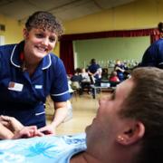 Jenny Pope takes blood from Geoffrey Giorgio from Cowley, at a donor session at Headington Community Centre