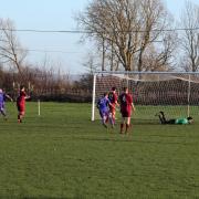 Callum Hendry (No 8) scores Letcombe Res’ winning goal against Long Wittenham Res