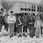 A group of intrepid hikers sets off from Oxford School in the snow on the 1986 Cyril Gardner Memorial hike
