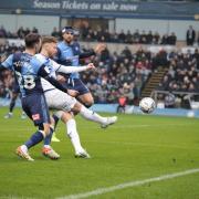 Matty Taylor shoots for goal early in Oxford United's defeat to Wycombe Wanderers Picture: Darrell Fisher