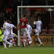 Crewe Alexandra's Christopher Long hits the crossbar early in the second half Picture: Richard Parkes