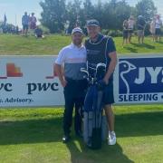 Olly Huggins with caddy Louis Saunders at the Frederikshavn Challenge, the Frilford Heath member’s first professional tournament