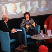 Ruby Wax (centre) at the Oxford Literary Festival with Gelong Thubten (right) and Mick Brown (left)