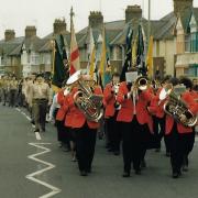 Scouts and the band on parade in Cowley Road, Oxford, on St George's Day in 1989