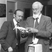 John Parsons, left, donates a breathing machine at the Churchill Hospital