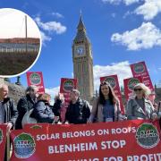 Stop Botley West protesters at Westminster rally and, inset, visualisation of Botley West Solar Farm