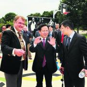 Lord Mayor Alan Armitage, left, with Yan Weizhi, centre, and interpreter William Wang