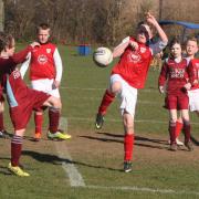 Quarry Rovers’ Jordan Hart fires in a shot at goal, only for Didcot’s Rhys Griffin to make a good block in their Under 11 Spring F League clash