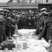 Soldiers at a welcome home celebration tea in the Market Place, Wantage, in 1914