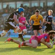 London Welsh winger Seb Stegmann dives over for one of his two tries against Exeter Chiefs
