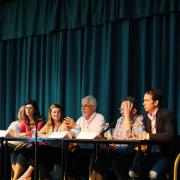 The panel: Adam Buick representing Socialist Party candidate Mike Foster, Lib Dem Layla Moran, chairman Tracey Oakden, John Tanner representing Labour candidate Sally Copley, Larry Sanders of the Green Party and Matthew Barber for Nicola Blackwood