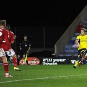 Oxford United's Christian Ribeiro volleys in to make it 1-1 in the first half  Picture: David Fleming