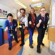 Horton General Hospital children's ward OX5 runners and walkers, L to R, Nurse Rachel Treadwell, Paediatric Consultant Raj Anantharaman, Play Specialist Dee Lodge and Deputy Sister Helen Grundon. Pic by Jon Lewis