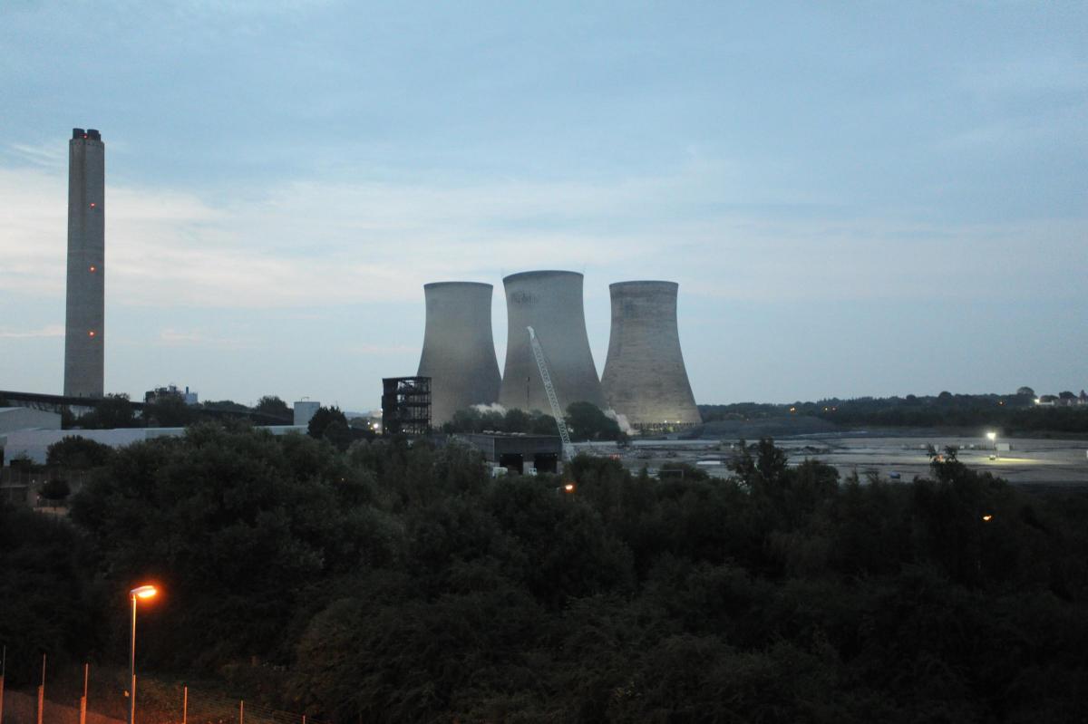Timelapse sequence of the demolition of the cooling towers at Didcot A Power Station, 5am, July 27, 2014