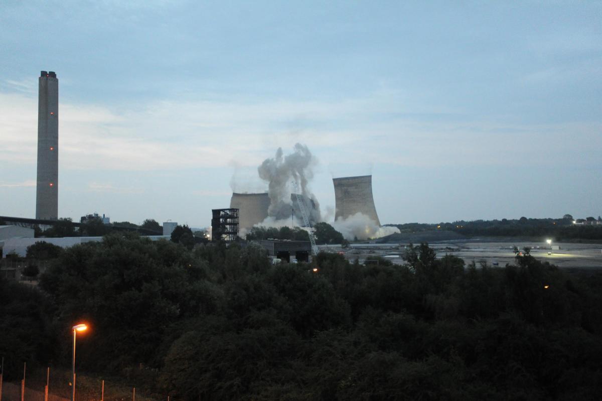 Timelapse sequence of the demolition of the cooling towers at Didcot A Power Station, 5am, July 27, 2014