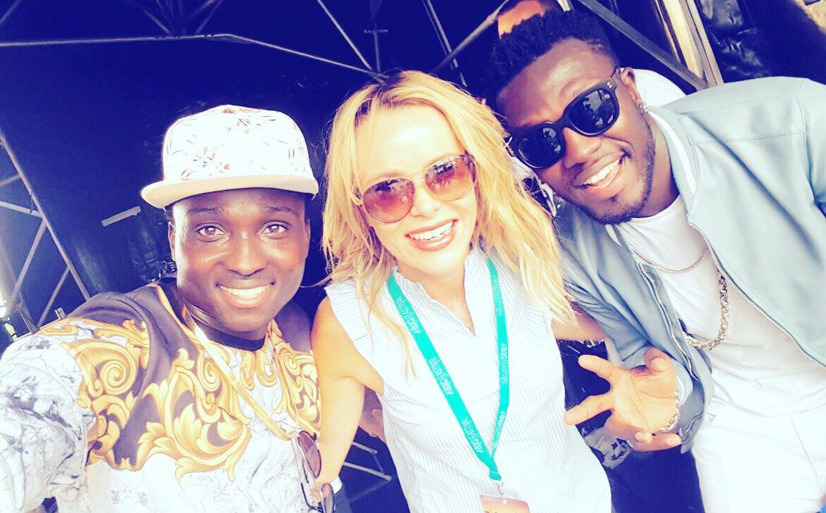 Amanda Holden, centre, with music duo and X Factor runners-up Reggie Zippy, right, and Bollie Babeface. They wrote on Twitter: "Backstage with the beautiful @AmandaHolden right after performing @thebigfeastival 😀👍 #HappyDays #shutdown". Picture: Twi