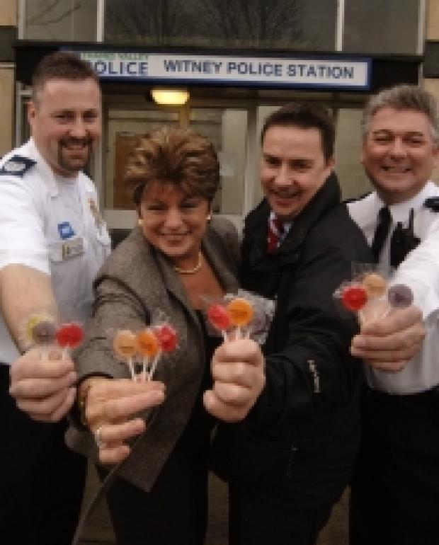 The lollipop scheme was launched by, from left, paramedic Andrew Battye, publican Lesley Semaine, West Oxfordshire District Council head of community safety Bill Oddy and Chief Insp Dennis Evernden.