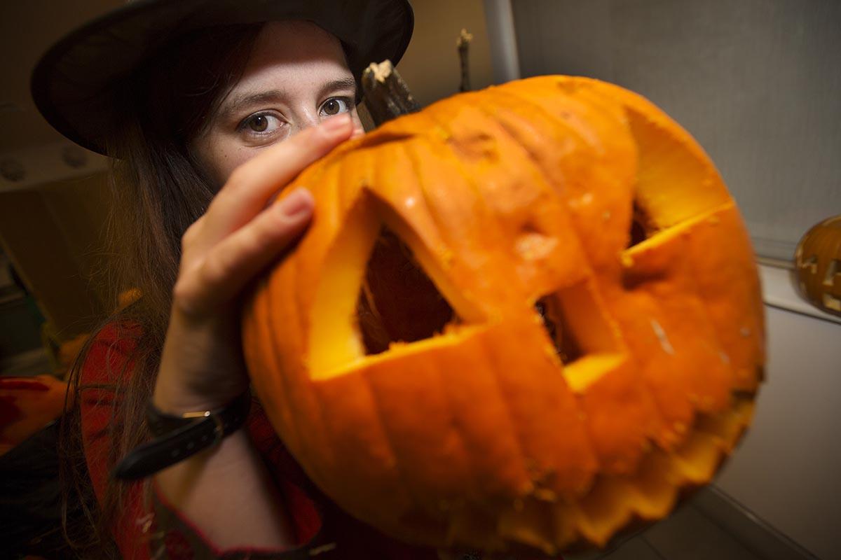 Becca Colmer with carved pumpkins at Oxford Castle Unlocked