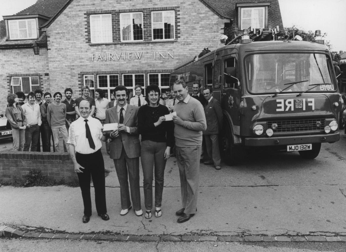 In June 1982 Fireman from the Slade fire station attended an urgent call at the Fairview Inn, Headington. But there was no need to roll out the hoses and set up ladders on this trip, they were collecting a cheque for £2584 for the Fire Service Benevolent