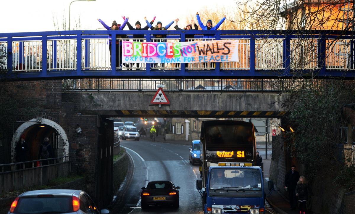 Anti-Trump Protests in Oxford at the Bridge of Sighs and Botley Rail Bridge, and Abingdon Bridge. Bridges Not Walls.