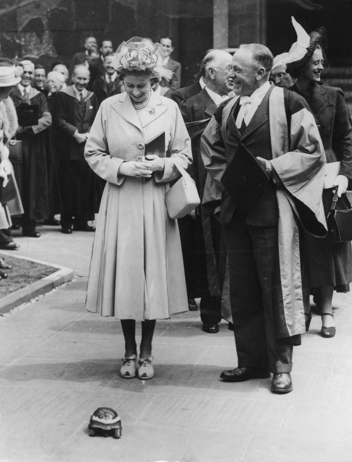 The Queen ­- then Princess Elizabeth - during her first official Oxford visit in 1948. It became a funny affair when she was greeted by Mr Testudo, the famous tortoise of Oriel College, who slowly made his way to the princess across the college quad.