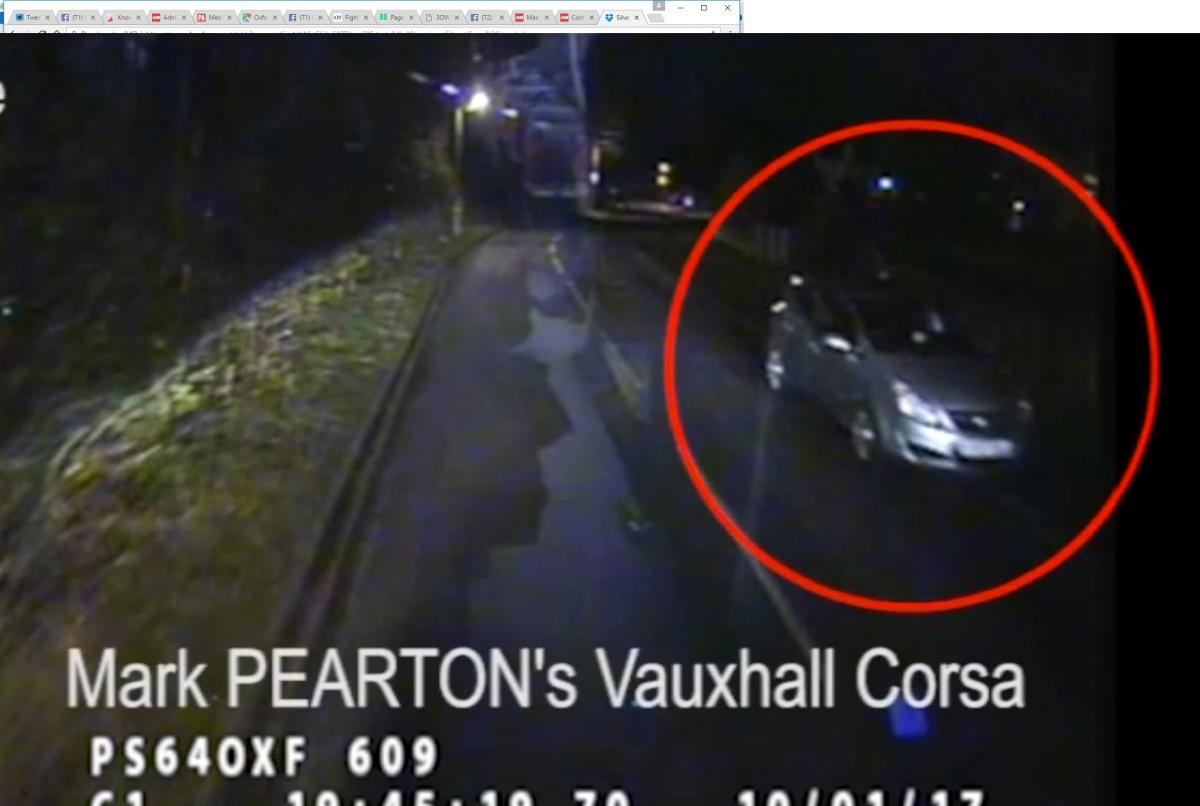 CCTV of Mark Pearton's Vauxhall Corsa near Raleigh Park, captured by a bus camera