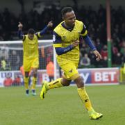 Rob Hall celebrates his stunner against Swindon Town in February 2017