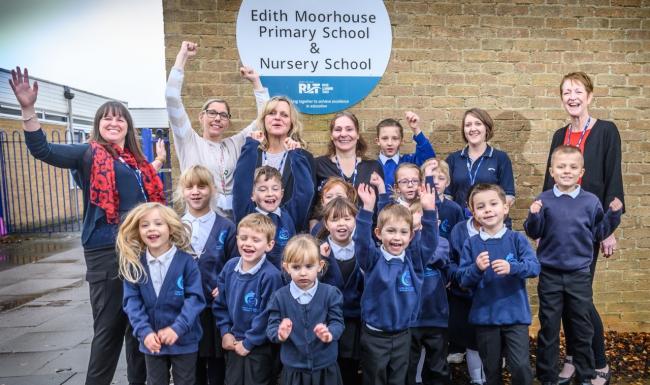 Edith Moorhouse school staff and pupils in Carterton, celebrating good Ofsted news. Picture: Richard Cave