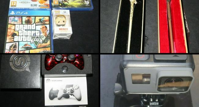 This week police are selling on eBay a (Top left clockwise): A bundle of games, a harry potter wand, a go proo and a gaming controller 
